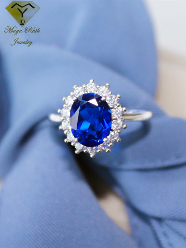 925 Sterling Silver Blue Sapphire Halo Oval Ring for Women