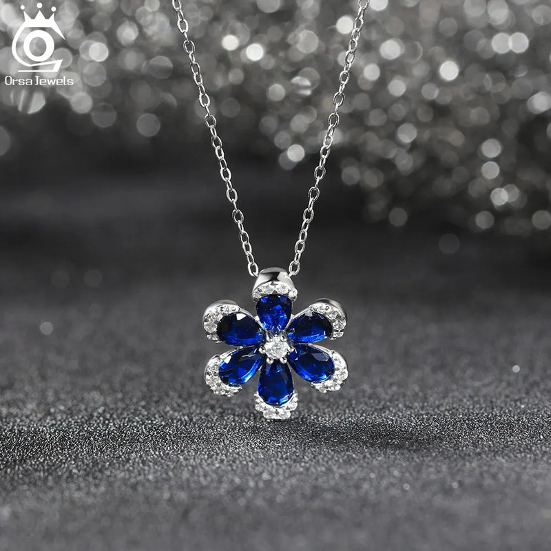 925 Sterling Silver Created Sapphire Flower Necklace for Women