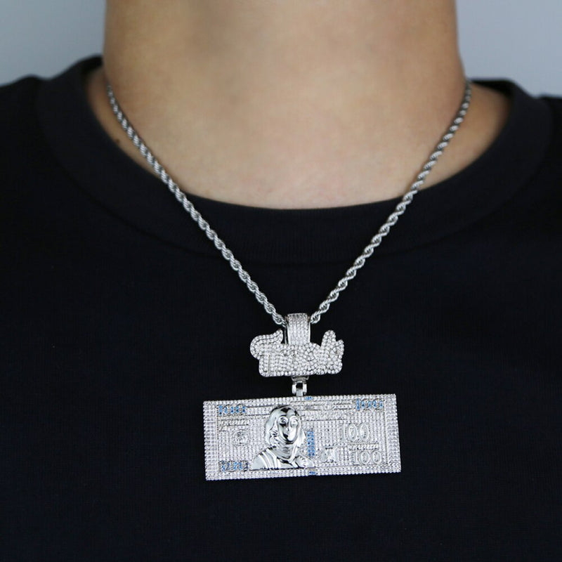 Silver Color Iced Out Cubic Zirconia Dollar Pendant Necklace for Men