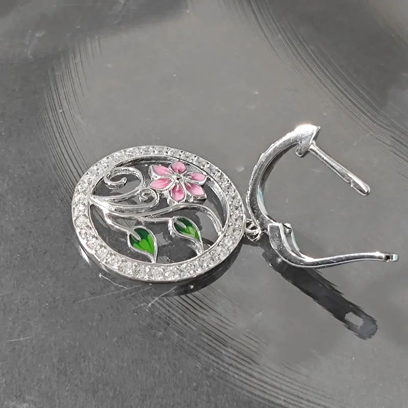 Sterling Silver Round Dangle Flower Earrings for Woman