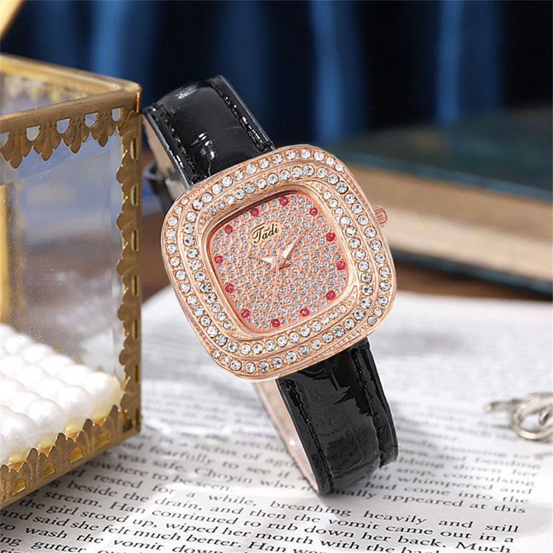 Stainless Steel Full Star Diamonds Square Quartz Watch for Women