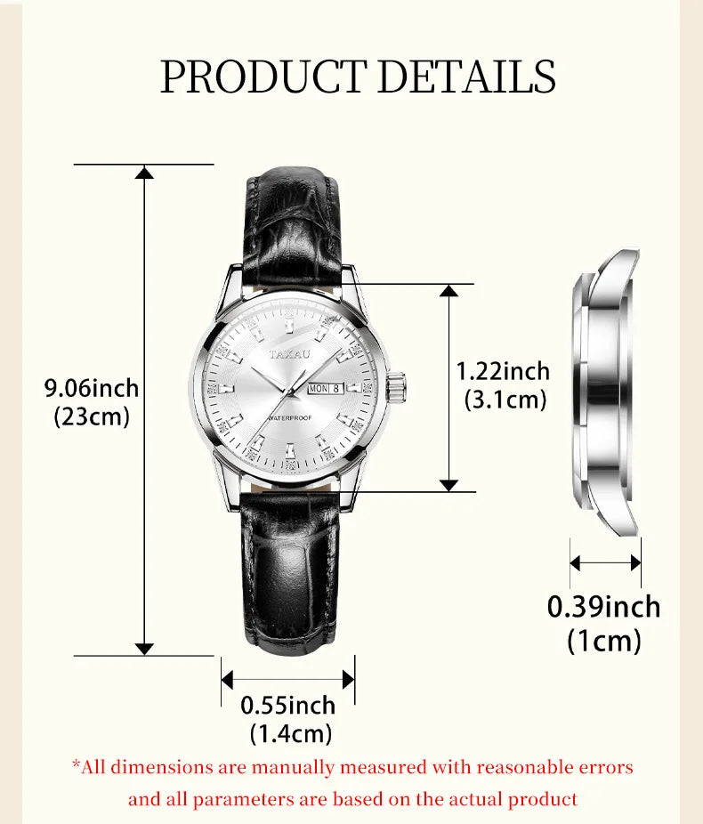 Stainless Steel Leather Casual Elegant Watch with Luminous Calendar, Waterproof for Women