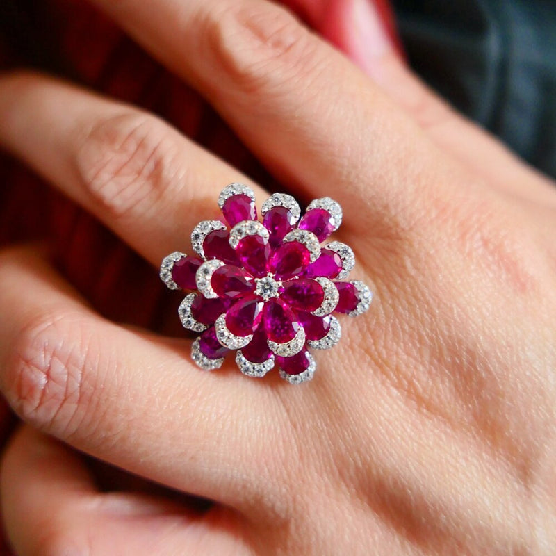 925 Sterling Silver Lab Ruby Lotus Flower Ring for Women