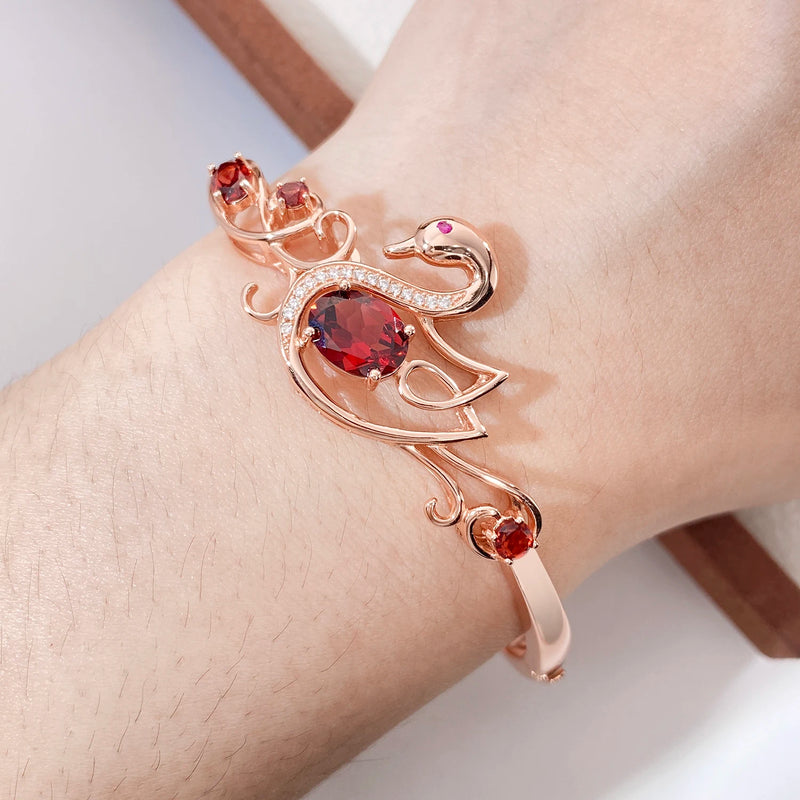 18K Rose Gold Plated Hollow Out Swan Animal Bangles with Red Garnet Gemstone for Women