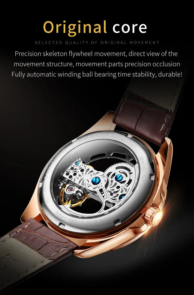 Stainless Steel Hollow Out Automatic Mechanical Watch with Luminous Leather Strap for Men