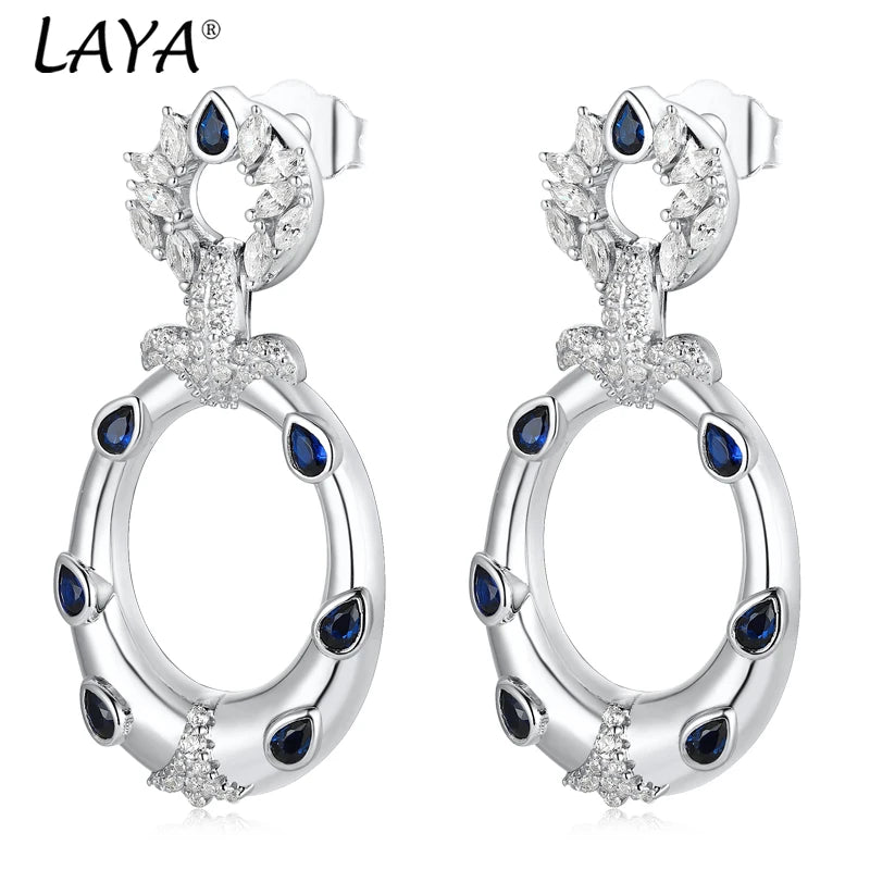 925 Silver Blue Gem Handmade Enamel Earrings for Women