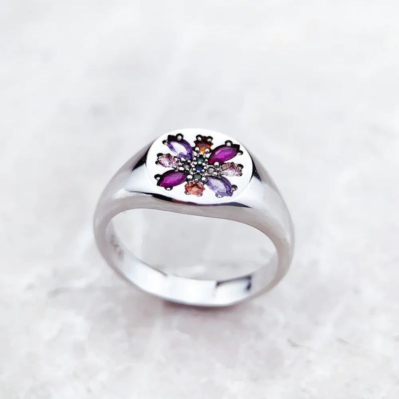 925 Sterling Silver Colorful Stone Flower Ring for Women