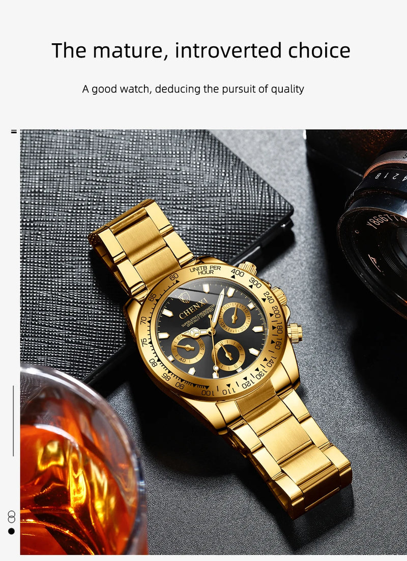 Gold Quartz Watch with Stainless Steel Strap for Women