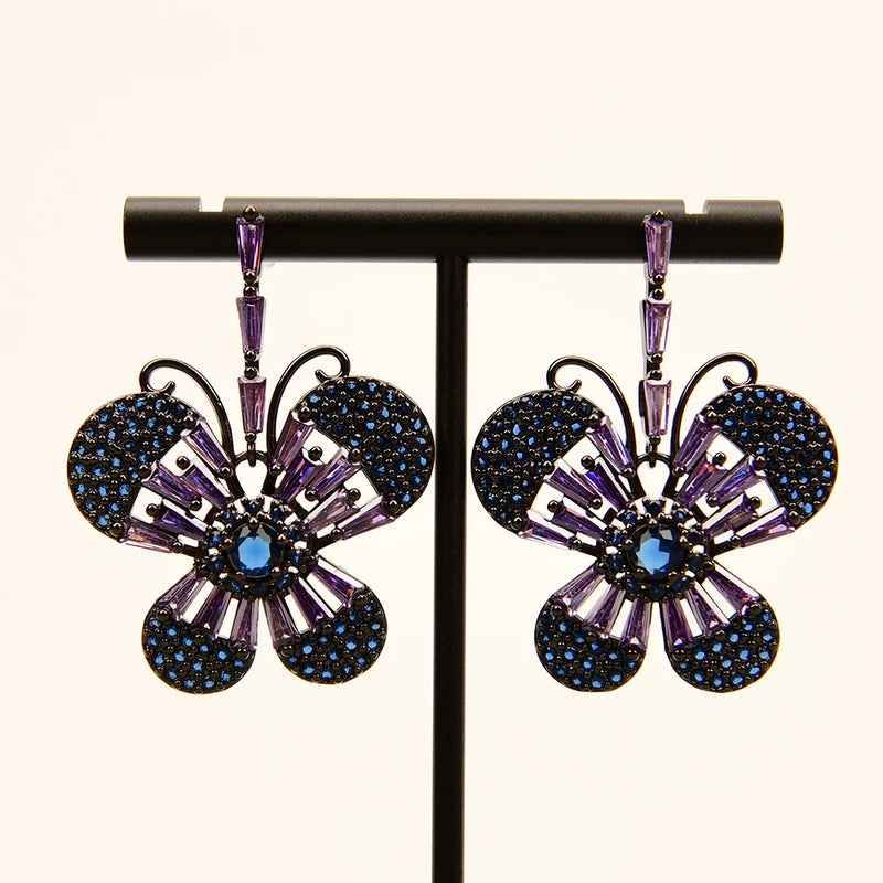 Gunmetal Cz Crystal Pave Butterfly Dangle Earrings for Women