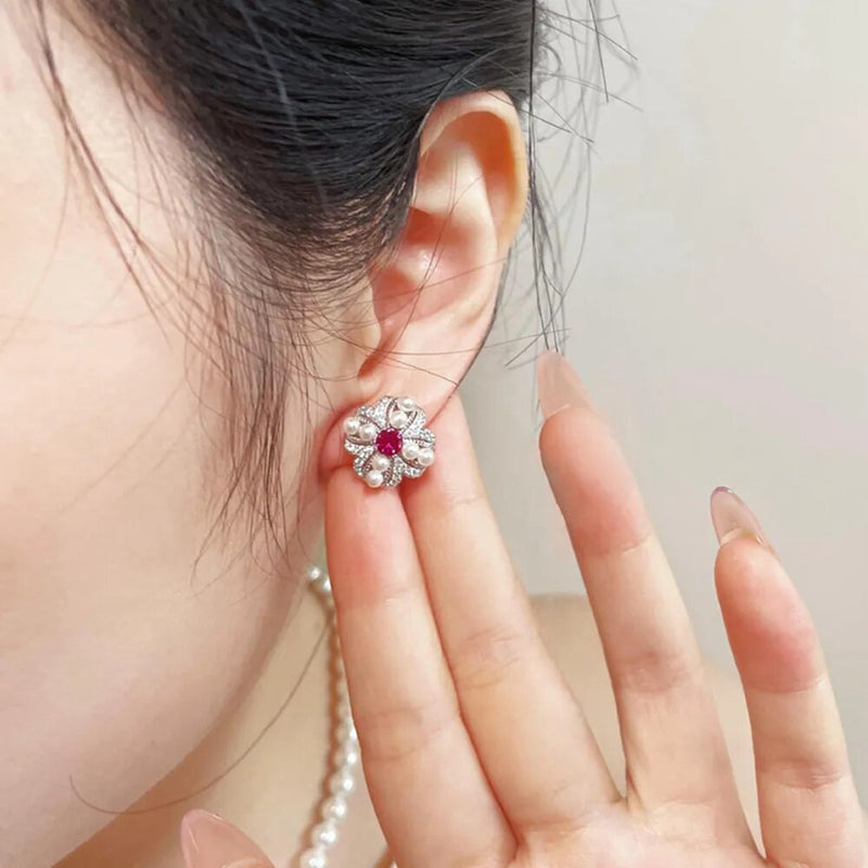 Sterling Silver Sapphire Ruby Pearl Flower Studs Earrings for Women