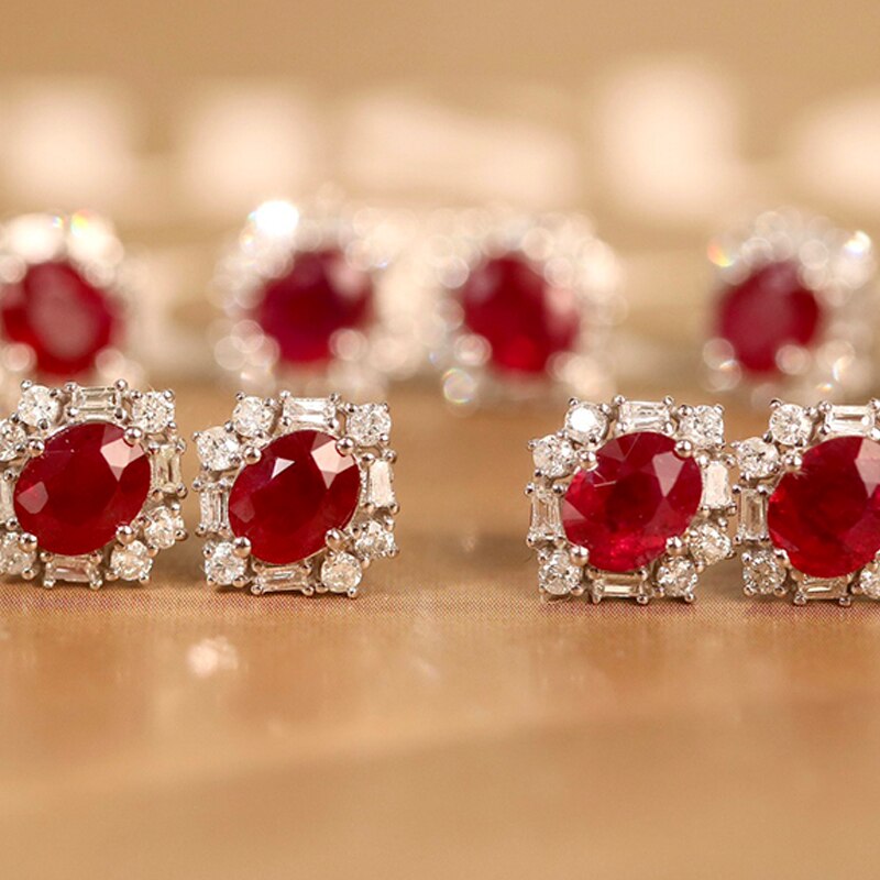 18K White Gold Ruby and Diamond Flower Earrings for Women