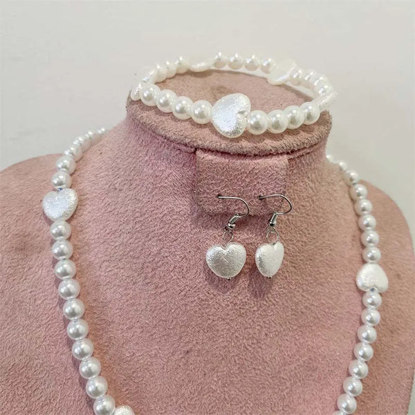 Plastic White Pearls Jewelry Set Necklace Earring Bracelet Chain Choker for Women