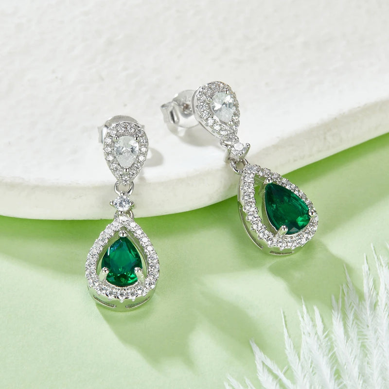 925 Sterling Silver Pear Cut Emerald and Diamond Drop Earrings for Her