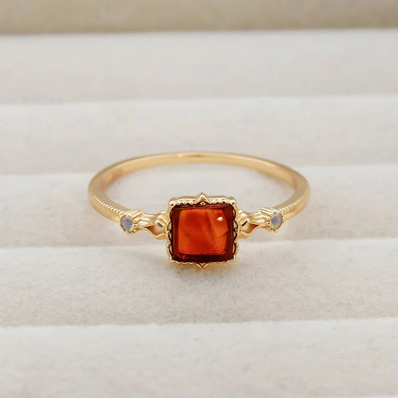 925 Sterling Silver Gold Vermeil Synthetic Amber Square Ring for Women