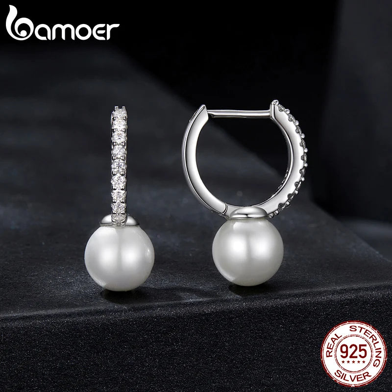 Sterling Silver Moissanite and Pearl Hoop Earrings for Women