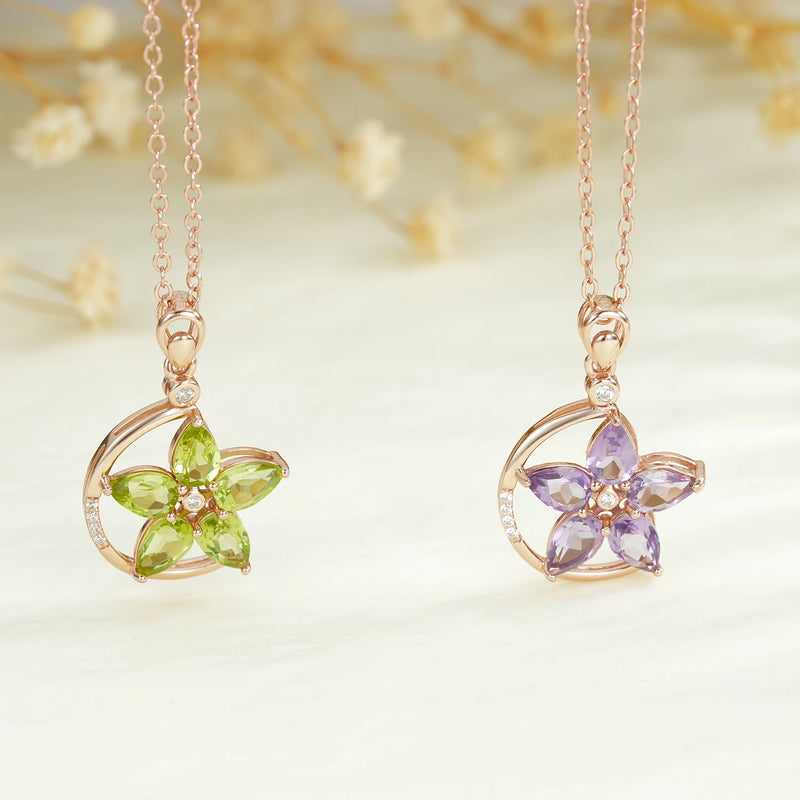 Rose Gold Plated 925 Sterling Silver Green Purple Garnet Flower Pendant Necklace for Women