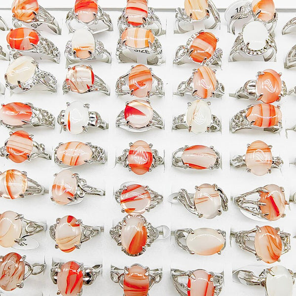 20pcs/Lot Wholesale Hot Mix Style Natural Stone Finger Rings For Women New Luxury Agate Green Grass Stone Ring Party Gifts Girl