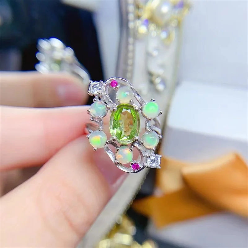 925 Sterling Silver Peridot Opal Ring, Korean Style, for Women