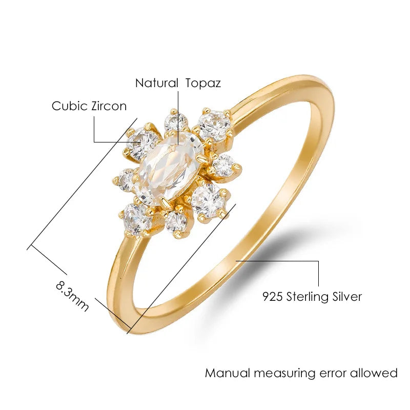 925 Sterling Silver Gold Plated Natural Topaz Engagement Ring for Women