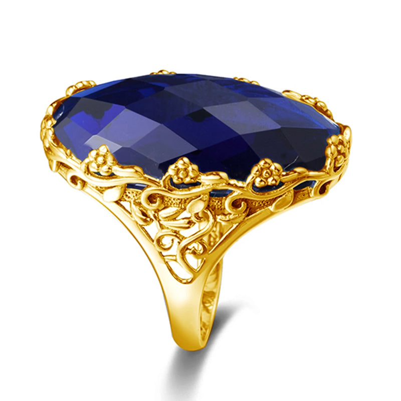 Gold Sapphire Ring with Engraved Flower Design for Women