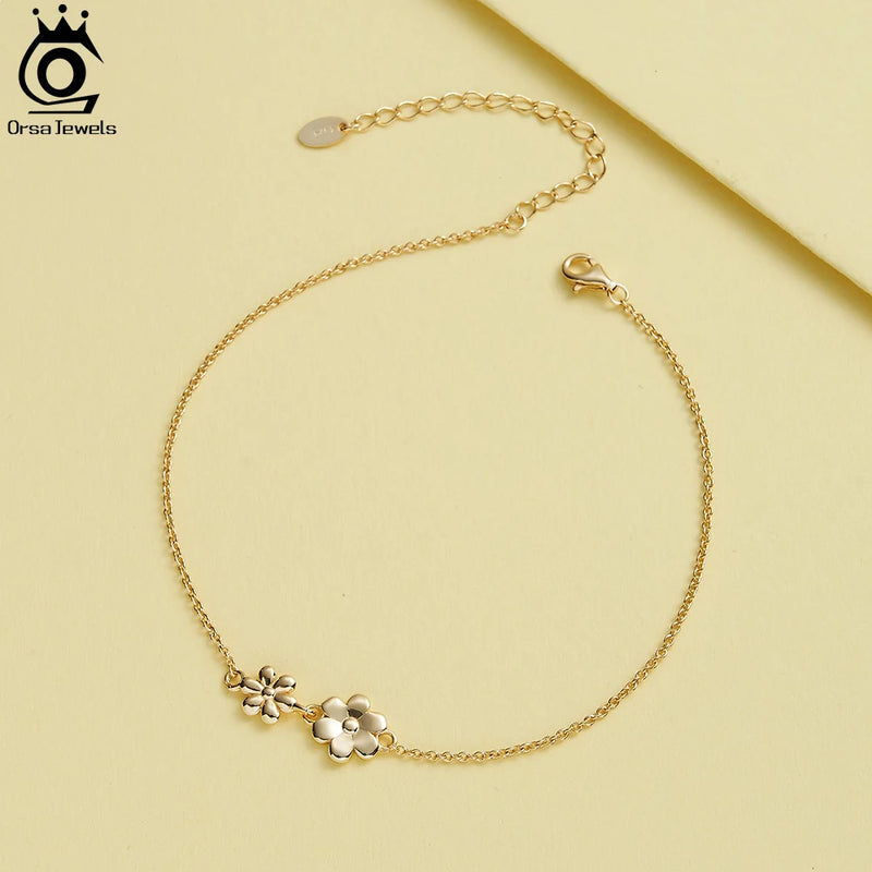 925 Sterling Silver Cable Link Chain Anklet with Double Flower 14K Gold Accents for Women