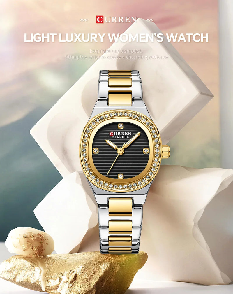 Stainless Steel Quartz Watch with Luminous Hands for Women