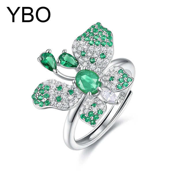 925 Sterling Silver Adjustable Emerald Butterfly Ring for Women