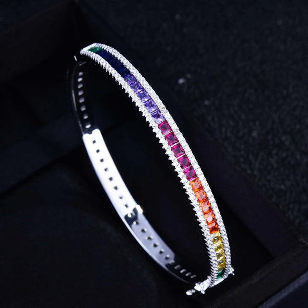 Platinum Plating Rainbow Zircon Square Bangle for Women