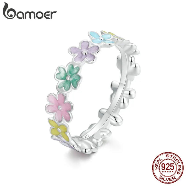 925 Sterling Silver Multi-color Enamel Mini Flower Ring for Women