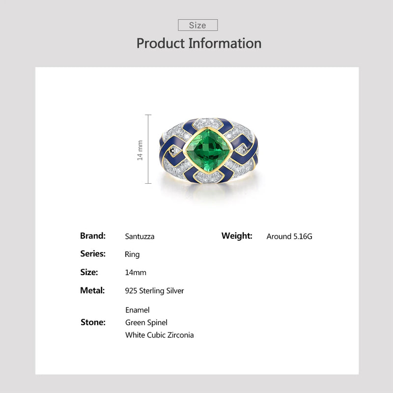 925 Sterling Silver Green Spinel Enamel Ring for Women