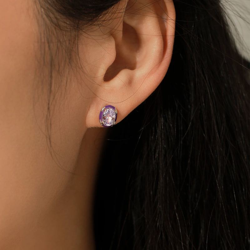 925 Sterling Silver Crushed Ice Oval Lavender Purple Enamel CZ Stud Earrings for Women