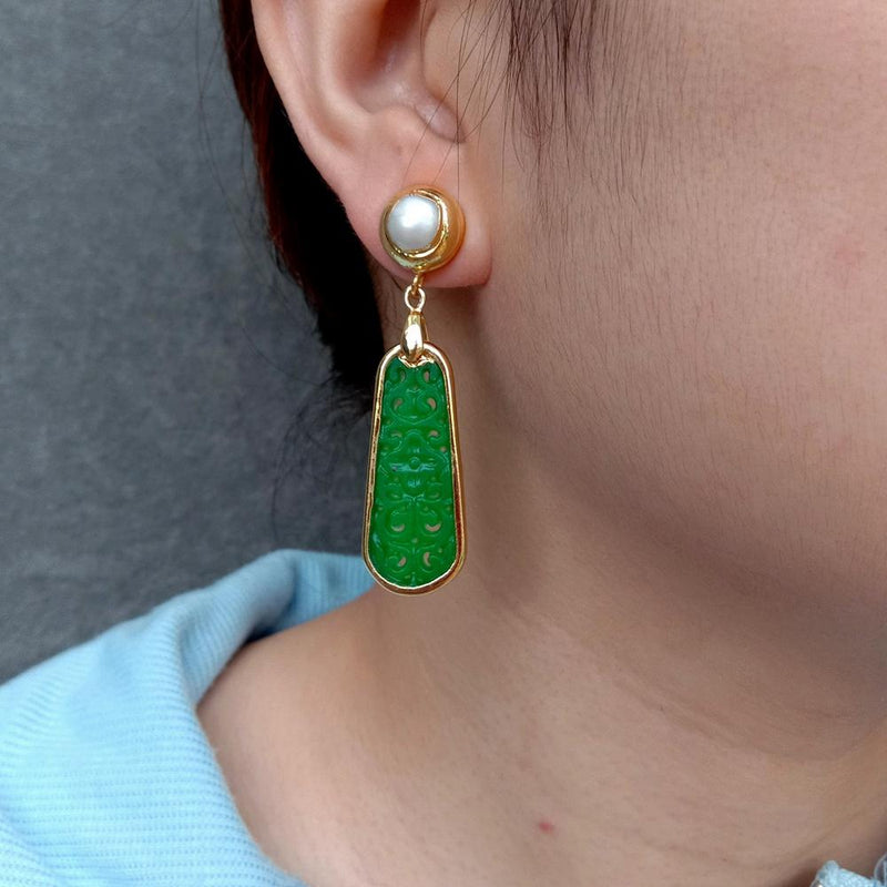 Gold Plated Carved Green Jade and Freshwater Cultured White Pearl Drop Earrings for Women