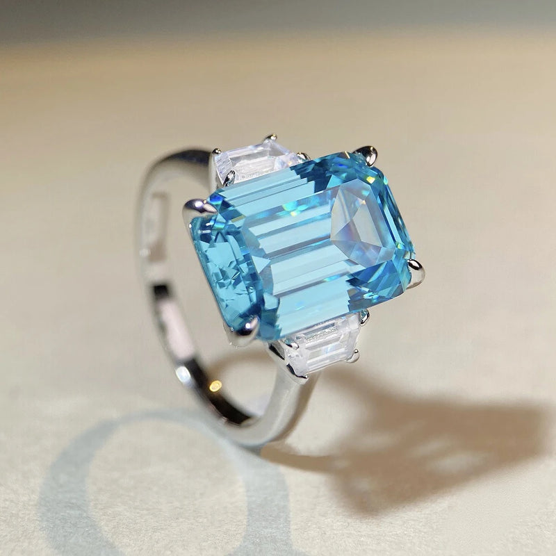 925 Sterling Silver Aquamarine Emerald Cut Ring for Women