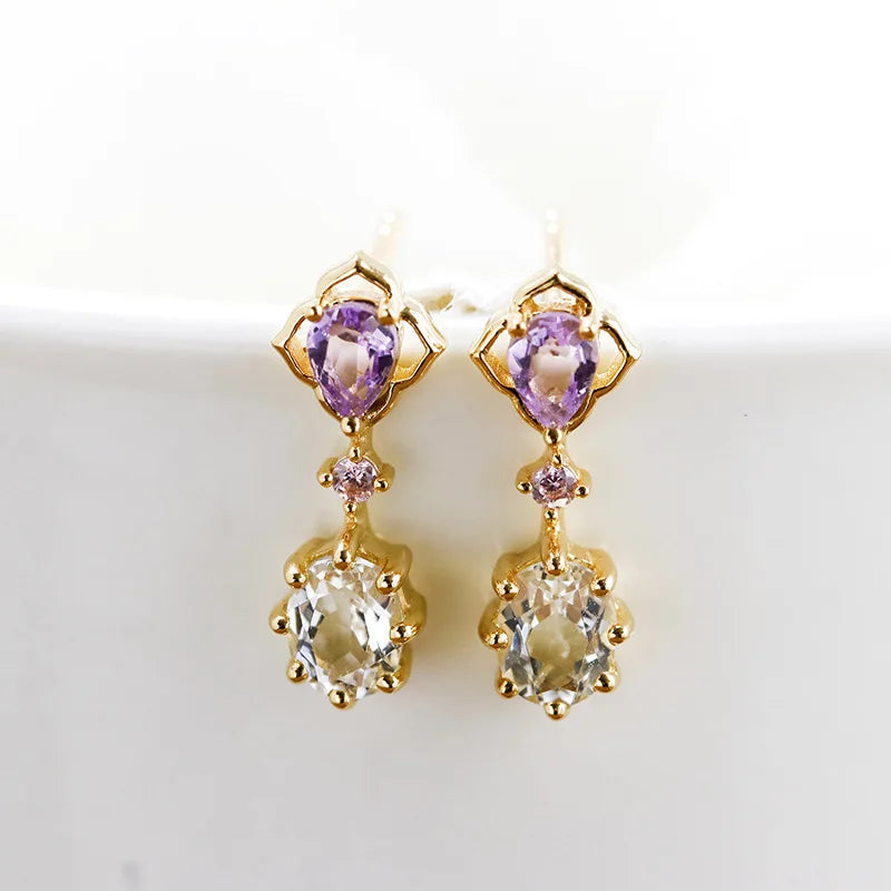 925 Sterling Silver Natural Amethyst & Topaz Stud Earrings for Women