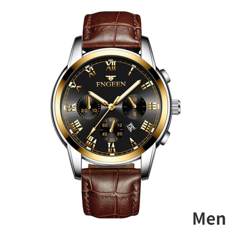 Stainless Steel Black Luminous Calendar Date Watch with three eyes and six pins for Men and Women