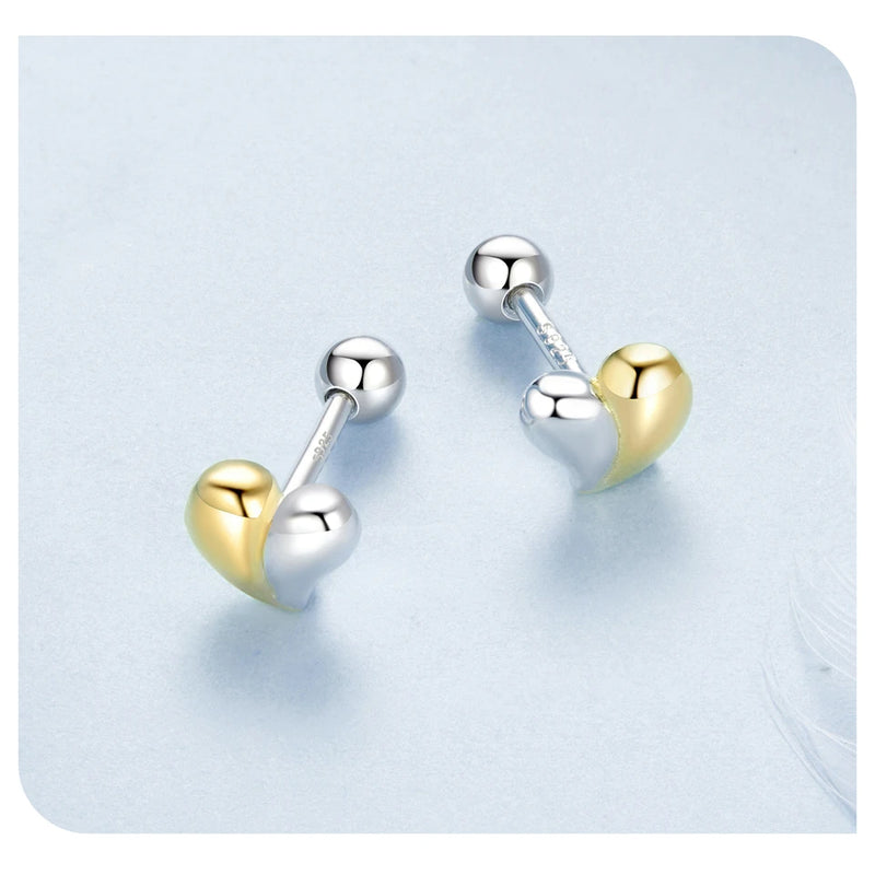 925 Sterling Silver Two-tone Mini Heart Stud Earrings for Women