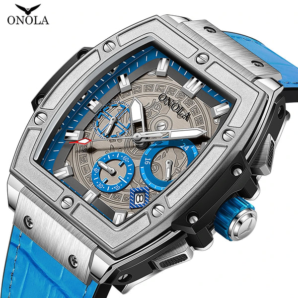 Stainless Steel Luxury Bucket Watch with Leather Band for Men