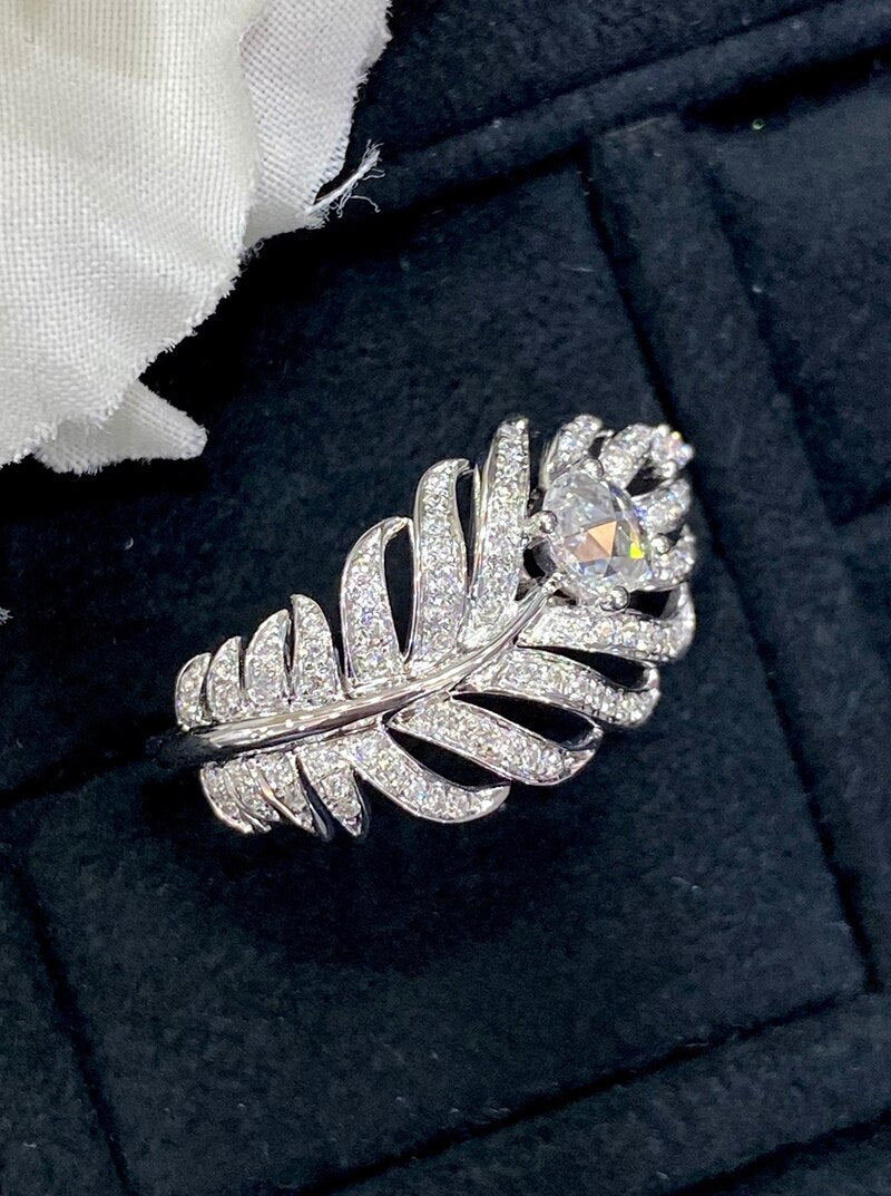 18K White Gold Real Natural Diamond Feather Design Ring for Women