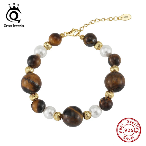 Sterling Silver Tigers Eye and Shell Pearl Bracelet for Women