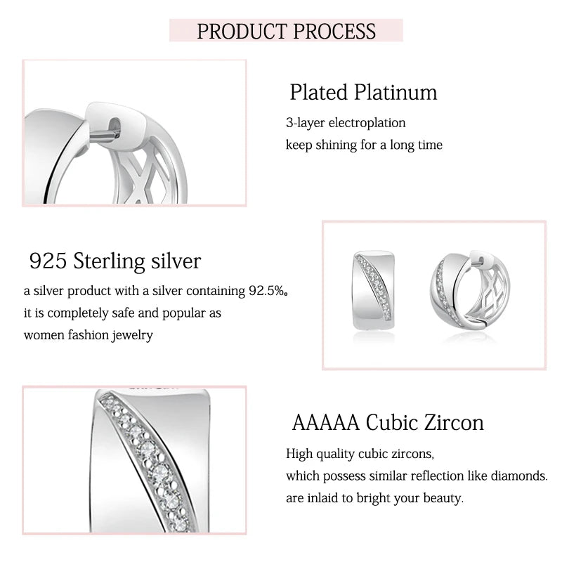 Sterling Silver Sparkling Zircon Hoop Earrings for Men and Women