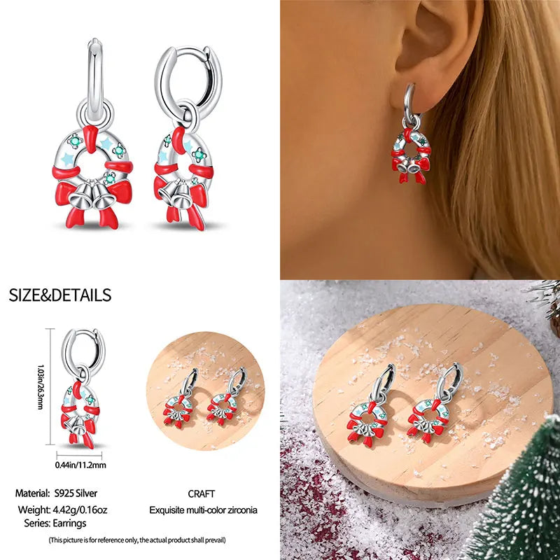 925 Silver Christmas Tree Bell Garland Earrings for Women