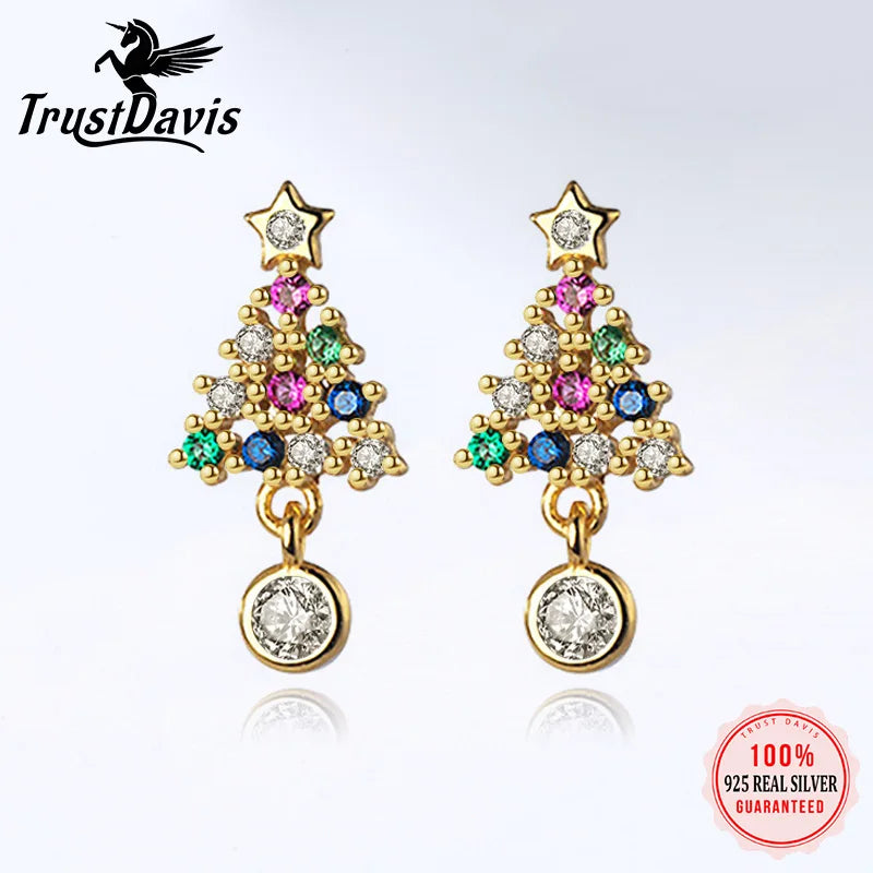 Sterling Silver Cubic Zirconia Christmas Tree Stud Earrings for Women