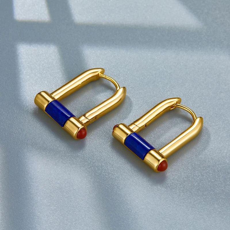 925 Sterling Silver Gold Plated Lapis Lazuli and Agate Hoop Earrings for Women