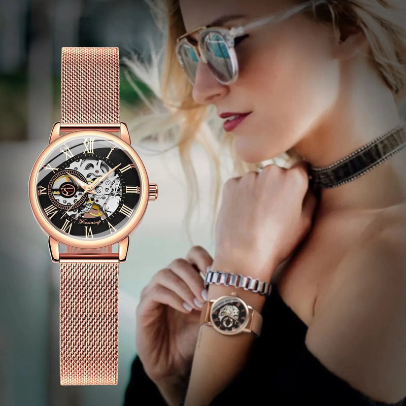 Rose Gold Skeleton Mechanical Watch for Women