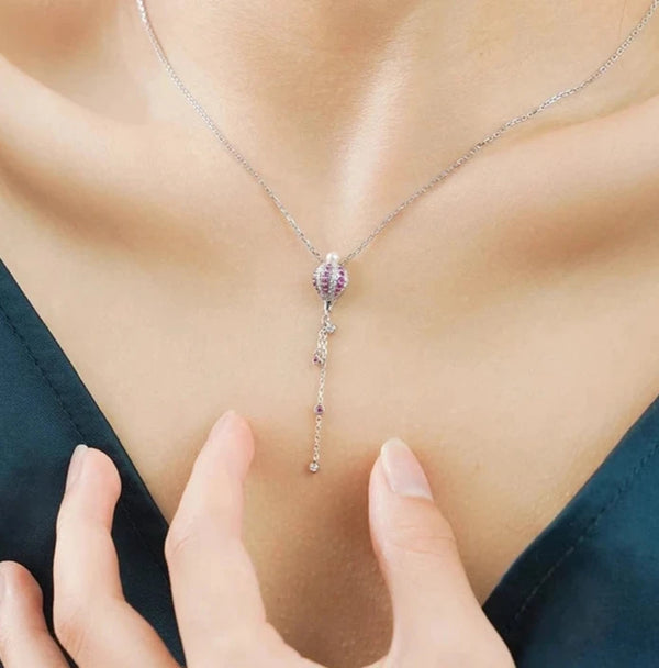 18k White Gold Pink Sapphire Diamond Hot Air Balloon Pendant Necklace for Women