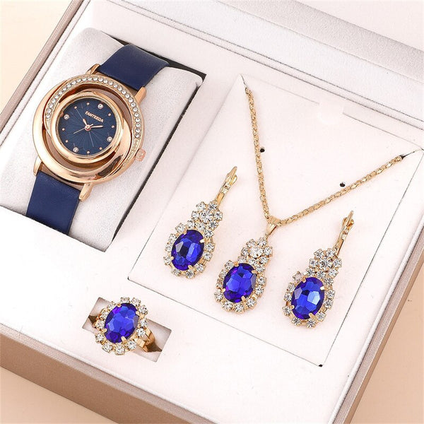 Gold Plated Rhinestone Watch Ring Necklace Earring Set for Women