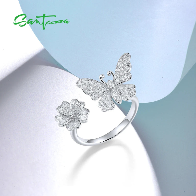 925 Sterling Silver Open Rings with White Cubic Zirconia Butterfly & Flower Design