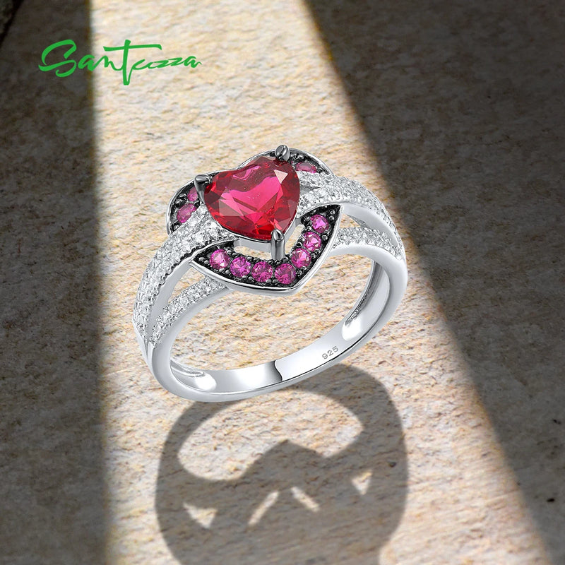 Sterling Silver Red Stone Heart Solitaire Ring for Women