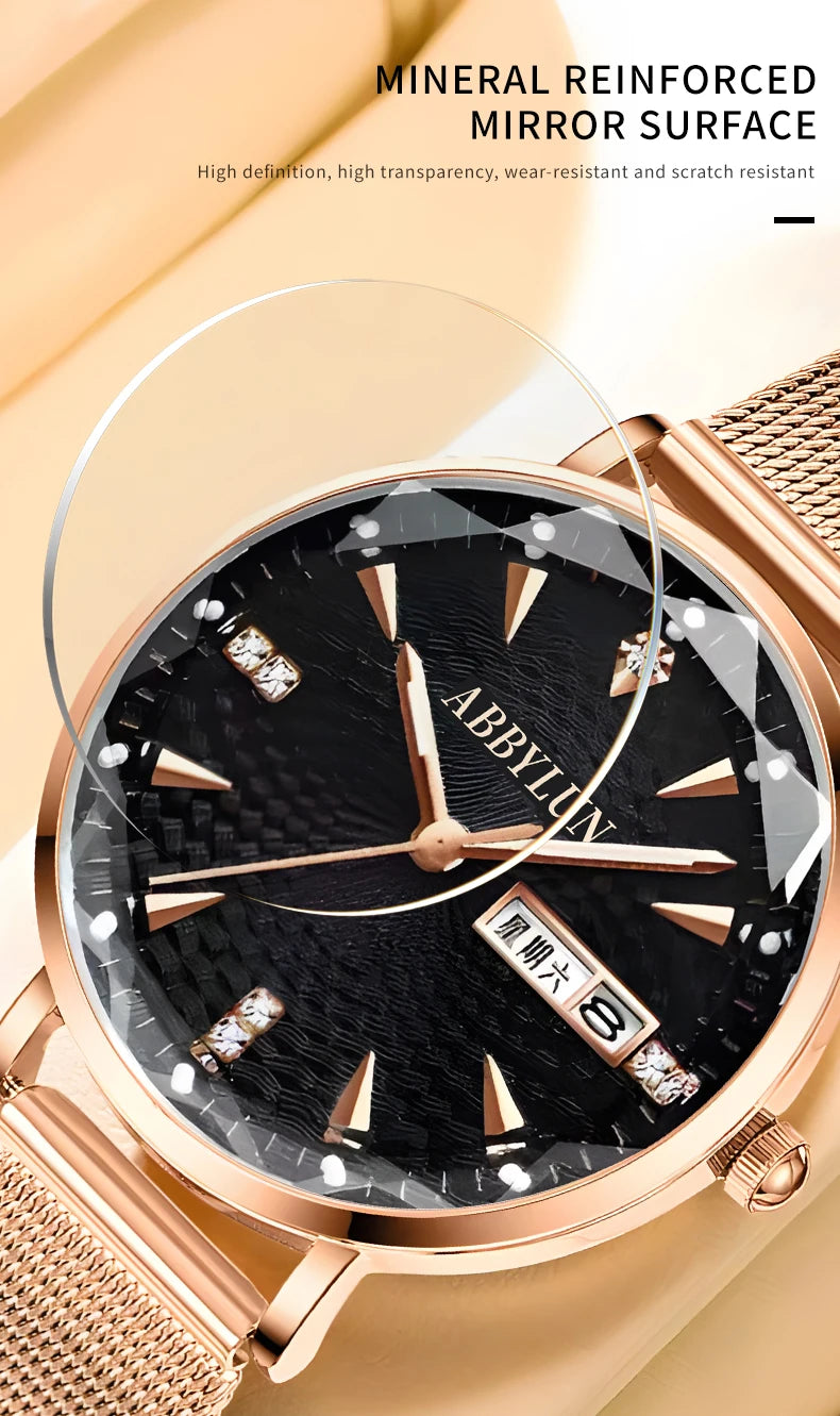 Stainless Steel Mesh Waterproof Quartz Watch with Diamond Dial for Women