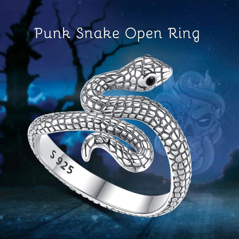 Sterling Silver Snake Ring Black Zircon for Women